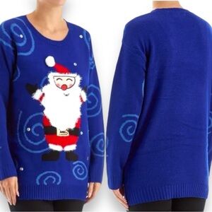 Tunic Length Blue Christmas Sweater Santa-Sequins-Rhinestones-Faux Fur